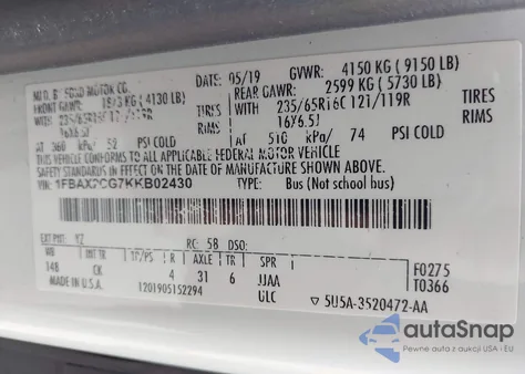 2019 Ford Transit-350 Xlt from USA, damaged, VIN 1FBAX2CG7KKB02430